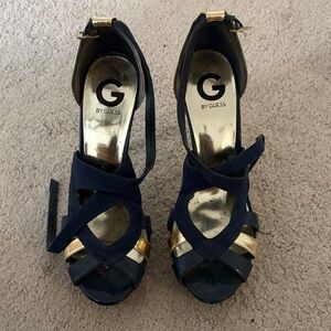 G by Guess Women's Dark Blue and Gold Strappy Heels